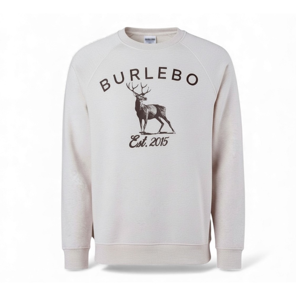 BURLEBO Oatmeal Heather Beige DEER STAG EST 2015 Crewneck SWEATSHIRT Ladies M